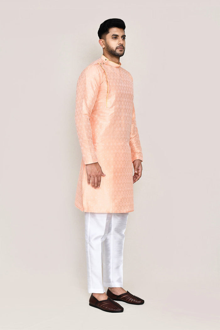 Peach Jacquard Silk Kurta Set