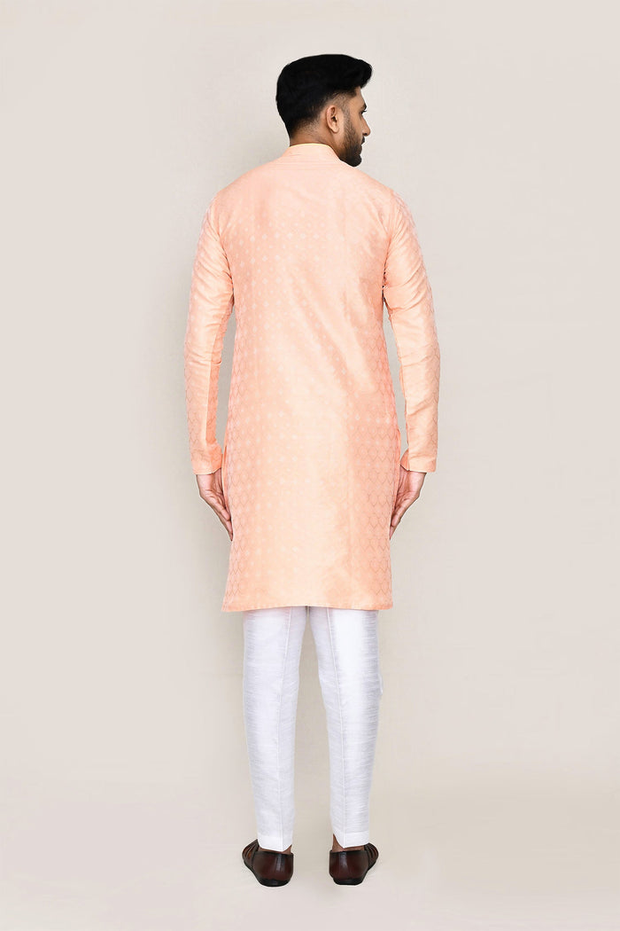 Peach Jacquard Silk Kurta Set