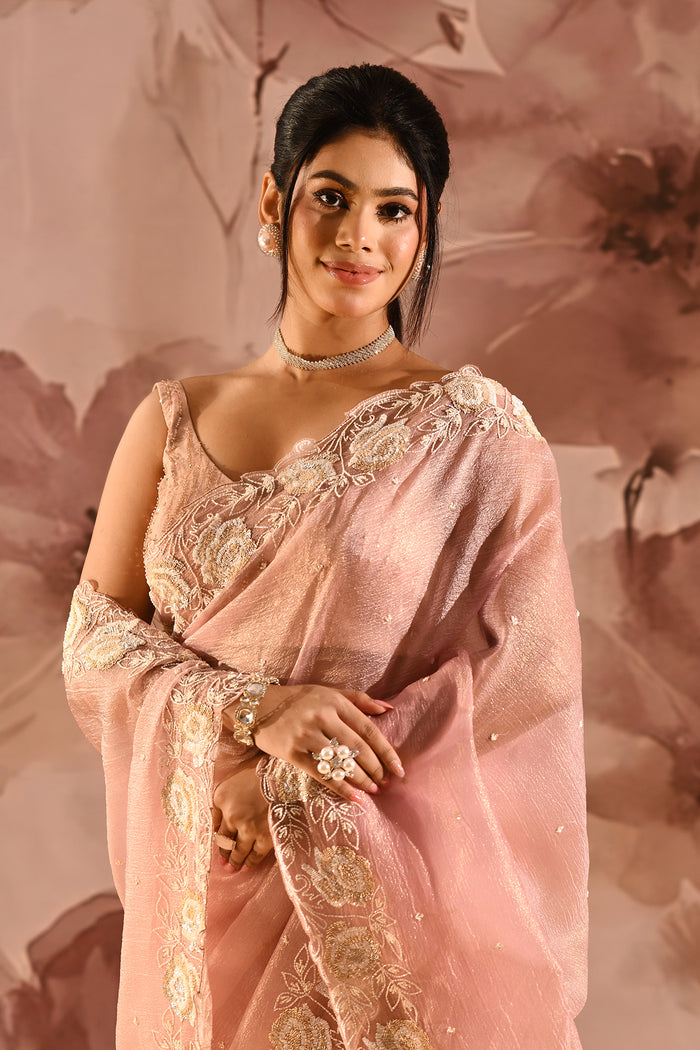 Peach Nectar Butti Tissue Embrodiery Saree