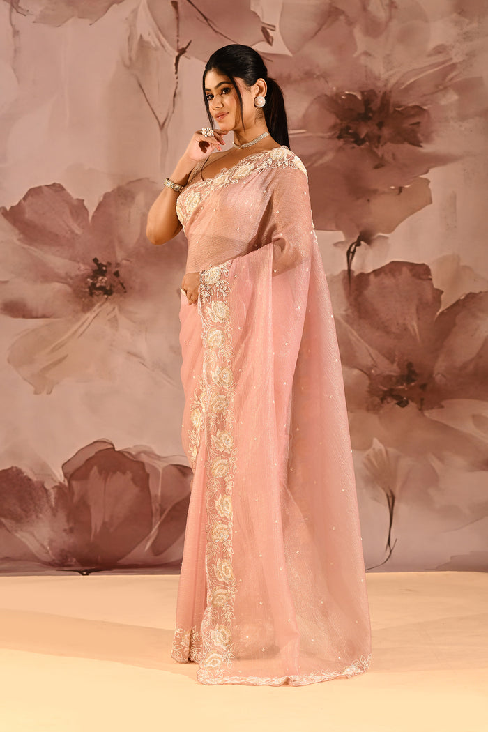 Peach Nectar Butti Tissue Embrodiery Saree