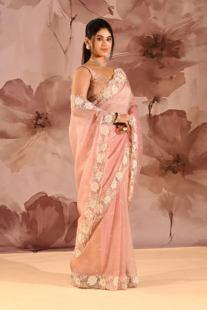Peach Nectar Butti Tissue Embrodiery Saree