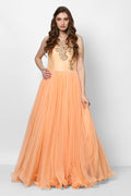 Peach Net Gown With Sheer Embellished Bodice And Flared Skirt
