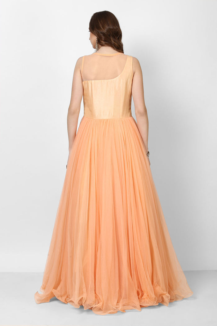 Peach Net Gown With Sheer Embellished Bodice And Flared Skirt