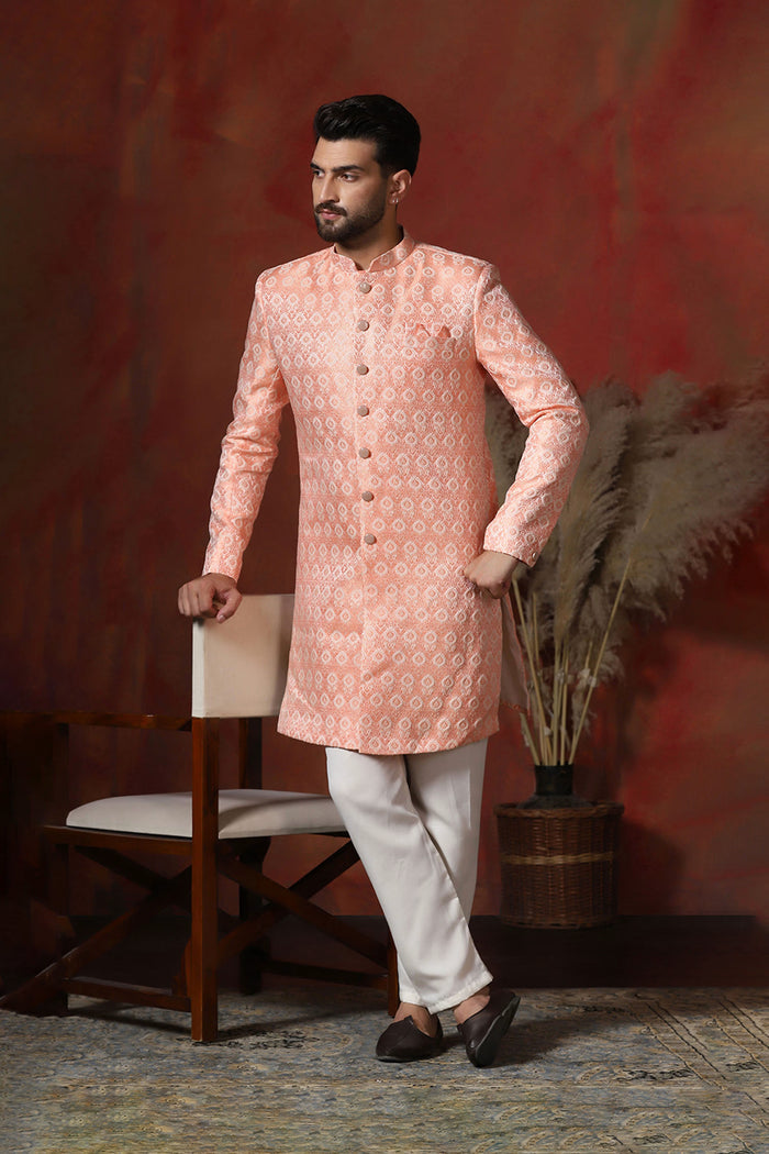 Peach Pink Cotton Blend Printed Sherwani Set