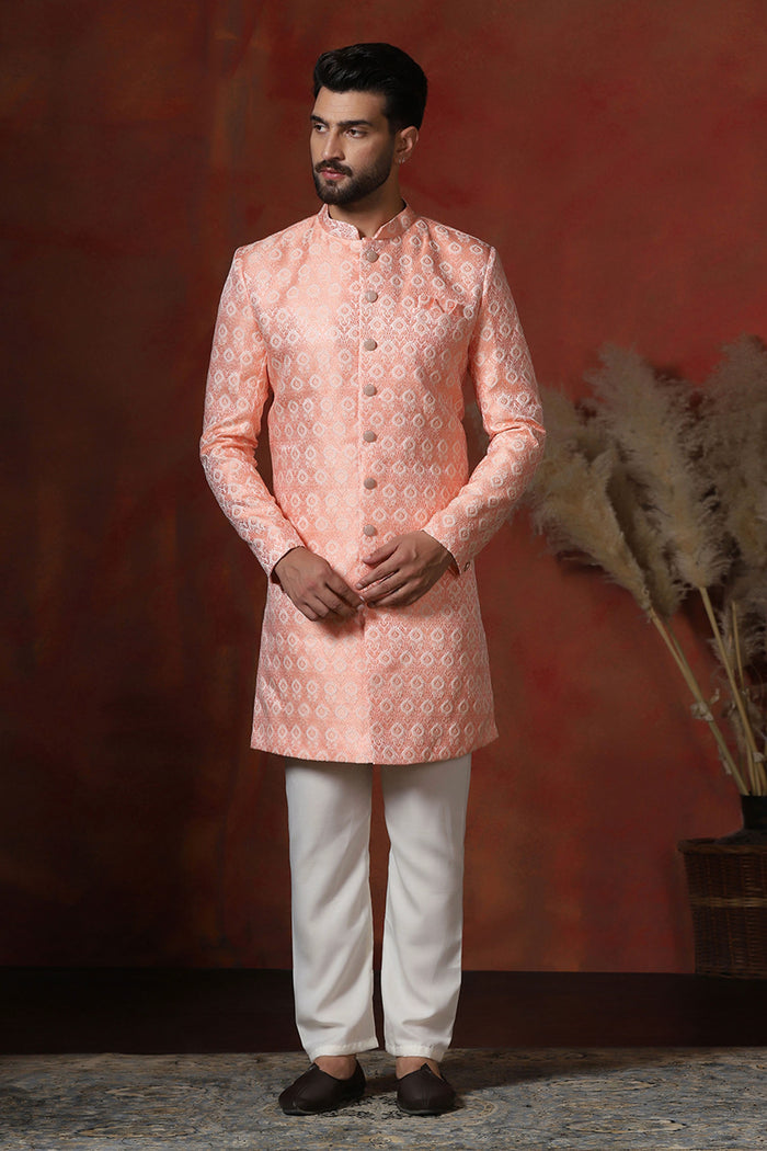 Peach Pink Cotton Blend Printed Sherwani Set