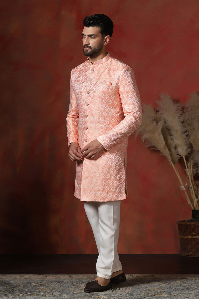 Peach Pink Cotton Blend Printed Sherwani Set