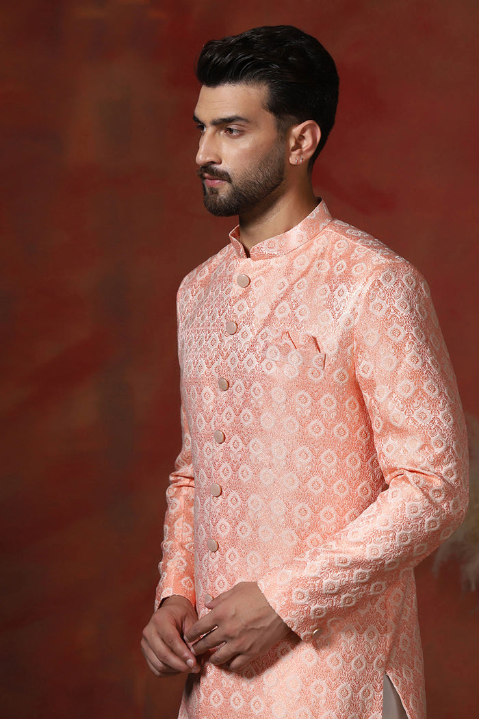 Peach Pink Cotton Blend Printed Sherwani Set
