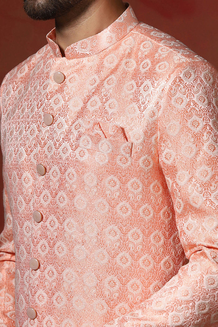 Peach Pink Cotton Blend Printed Sherwani Set