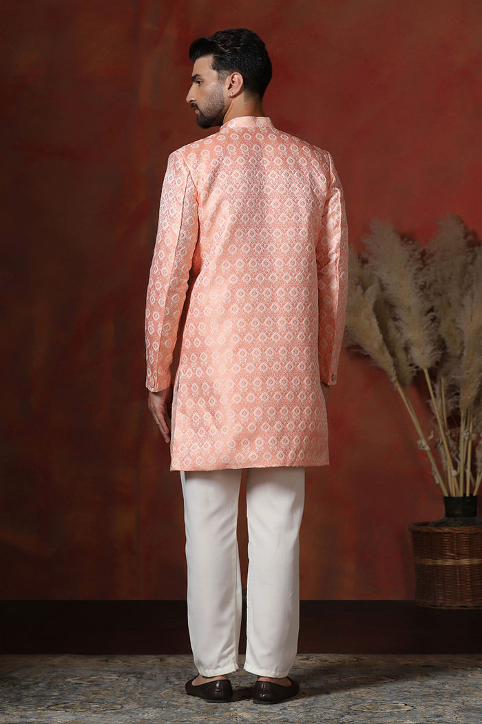 Peach Pink Cotton Blend Printed Sherwani Set