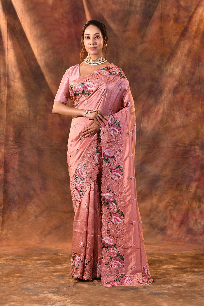 Peach Pink Floral Silk Saree