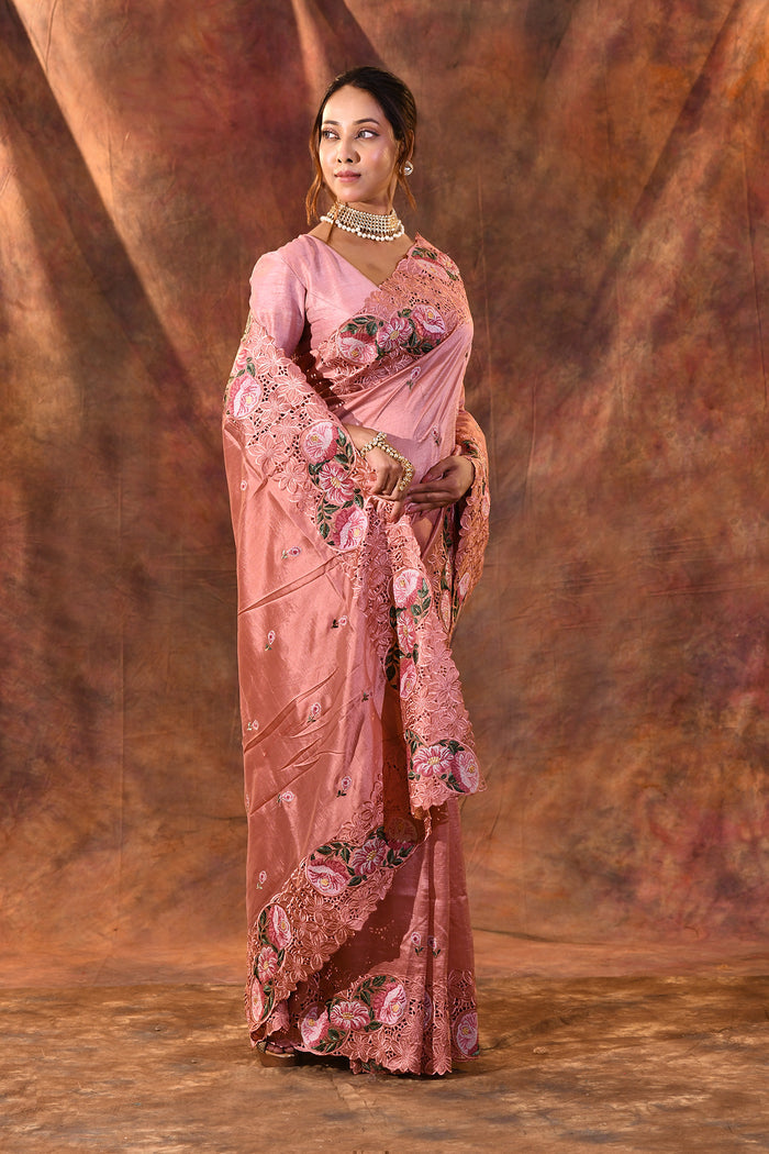 Peach Pink Floral Silk Saree