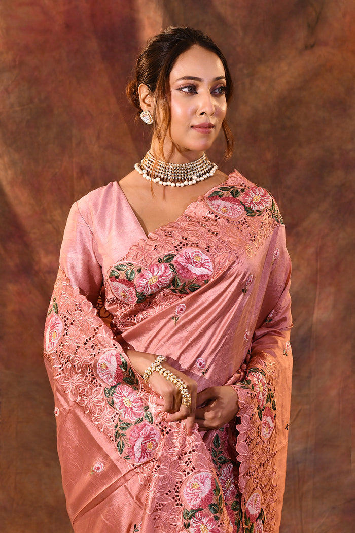 Peach Pink Floral Silk Saree