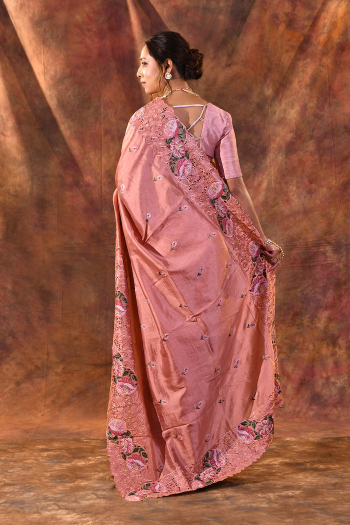 Peach Pink Floral Silk Saree