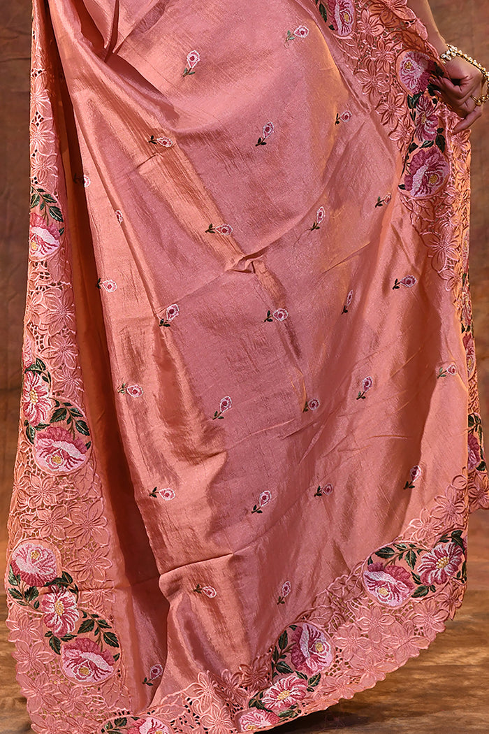 Peach Pink Floral Silk Saree