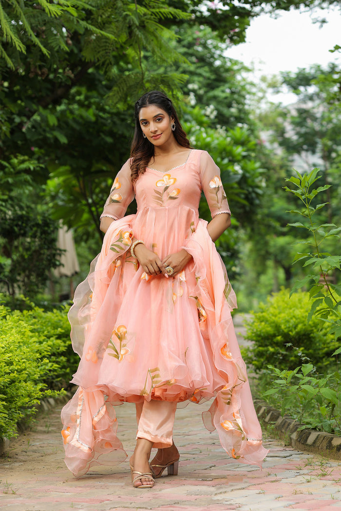 <img> Peach Pink Organza Floral Anarkali Set
