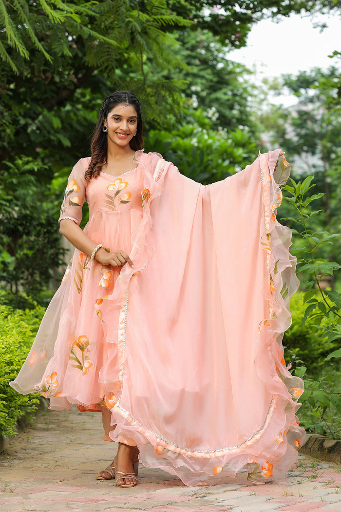 <img> Peach Pink Organza Floral Anarkali Set