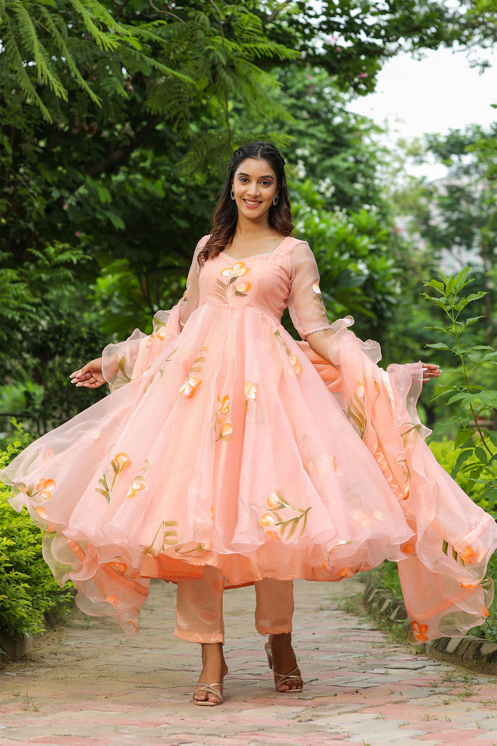 <img> Peach Pink Organza Floral Anarkali Set