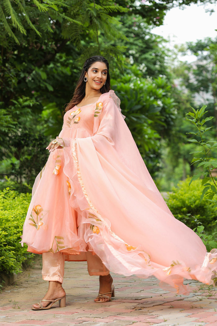 <img> Peach Pink Organza Floral Anarkali Set