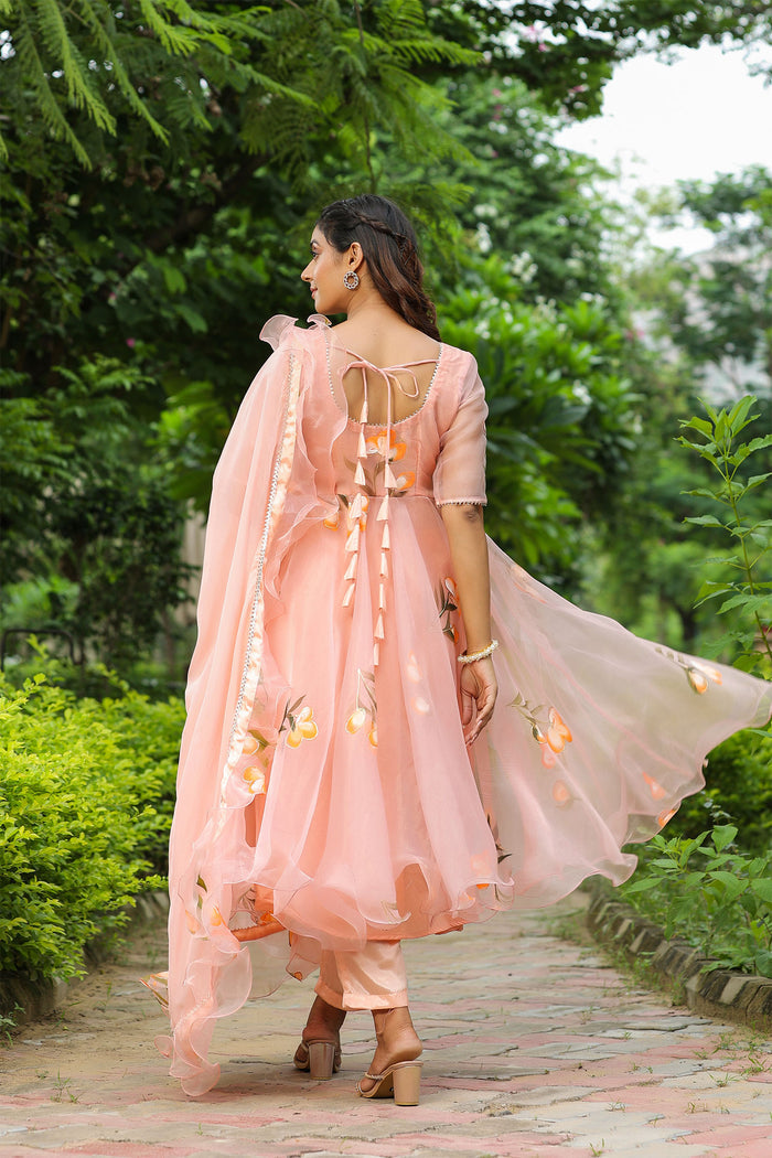 <img> Peach Pink Organza Floral Anarkali Set