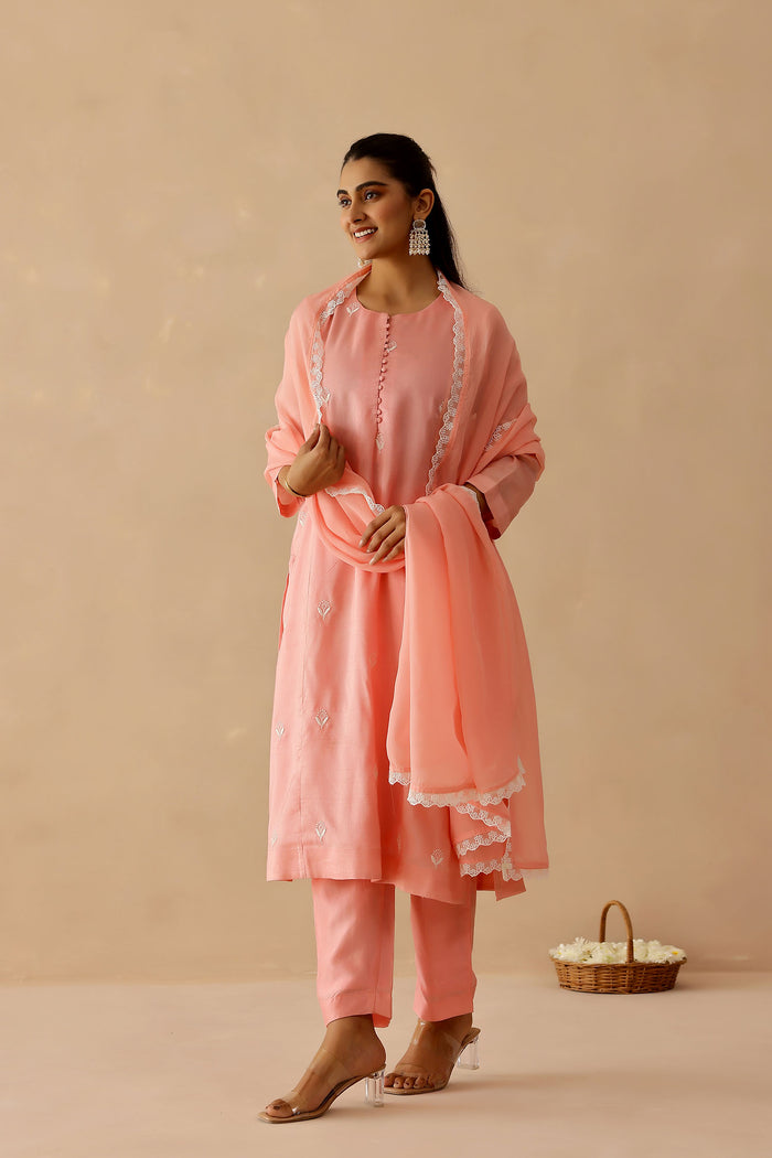 <img> Peach Russian Silk Embroidered Kurti Set