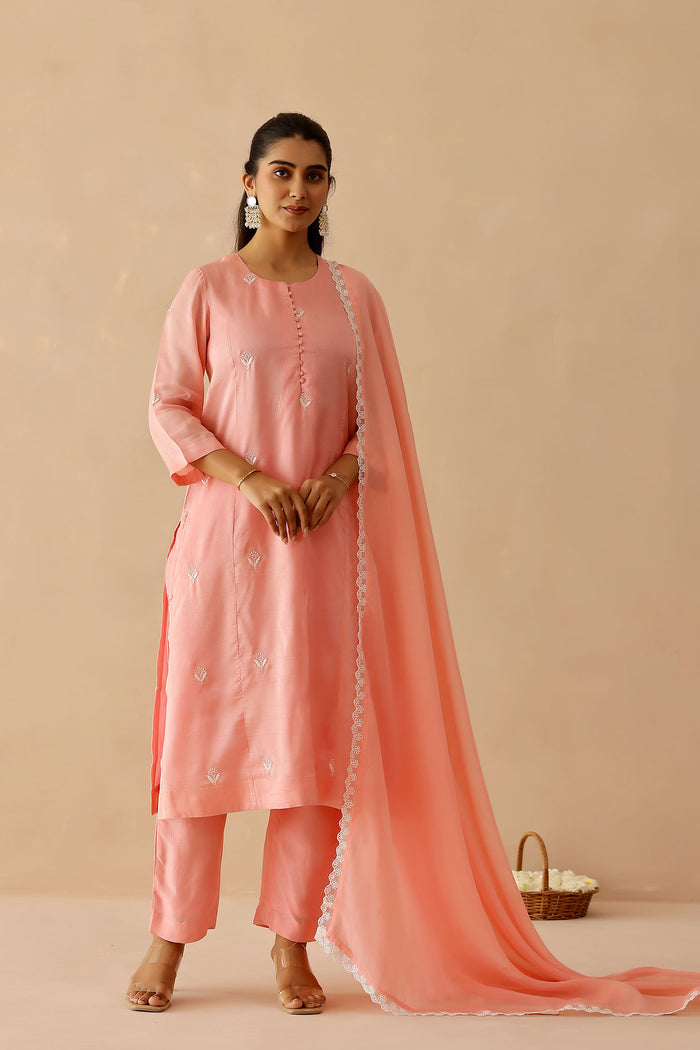 <img> Peach Russian Silk Embroidered Kurti Set