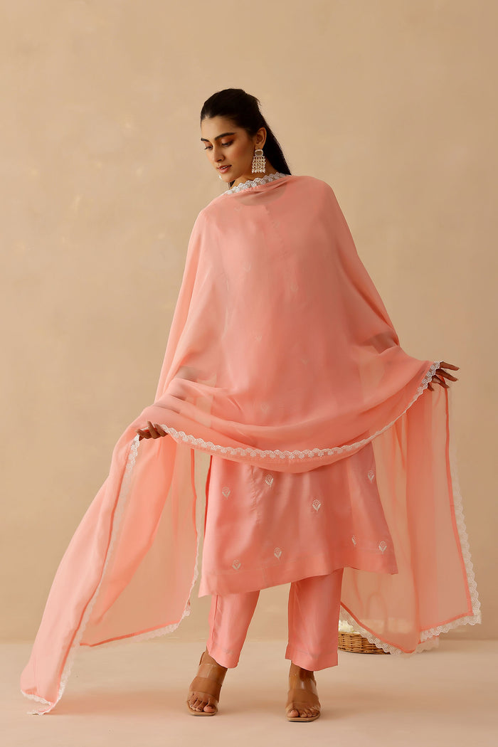 <img> Peach Russian Silk Embroidered Kurti Set