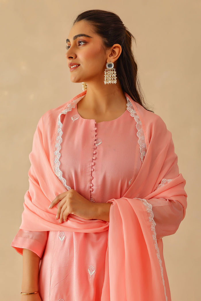 <img> Peach Russian Silk Embroidered Kurti Set