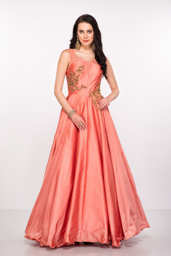 Peach Satin Gown With Gold Floral Beaded Bodice