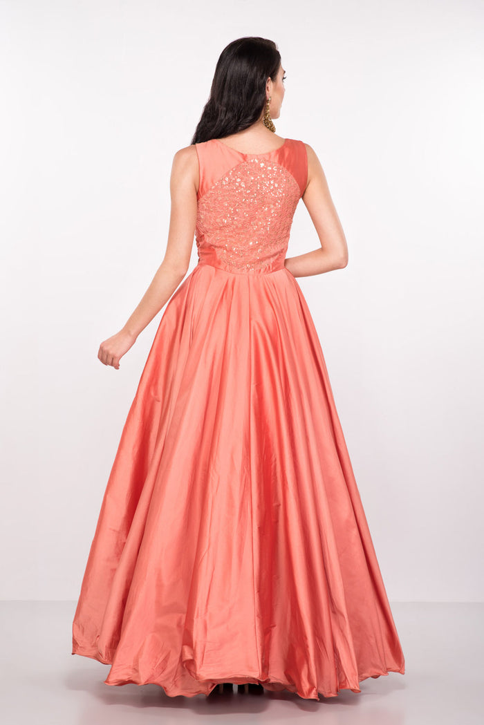 Peach Satin Gown With Gold Floral Beaded Bodice