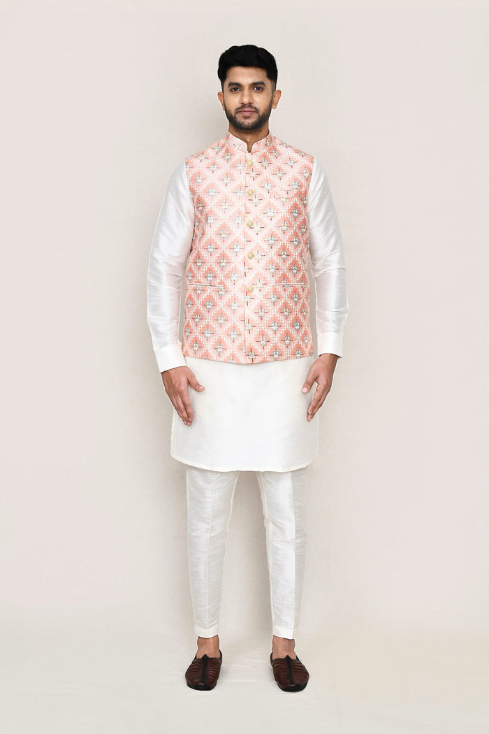 Peach Silk Jacket With Sequins And Threadwork