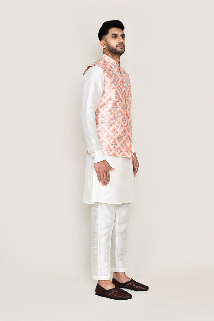 Peach Silk Jacket With Sequins And Threadwork