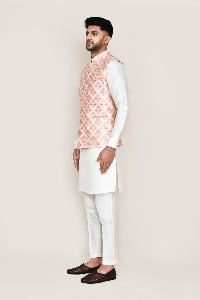 Peach Silk Jacket With Sequins And Threadwork