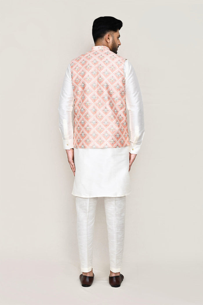 Peach Silk Jacket With Sequins And Threadwork