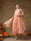Peach Sunburst Printed Blended Fabric Cami Anarkali Set