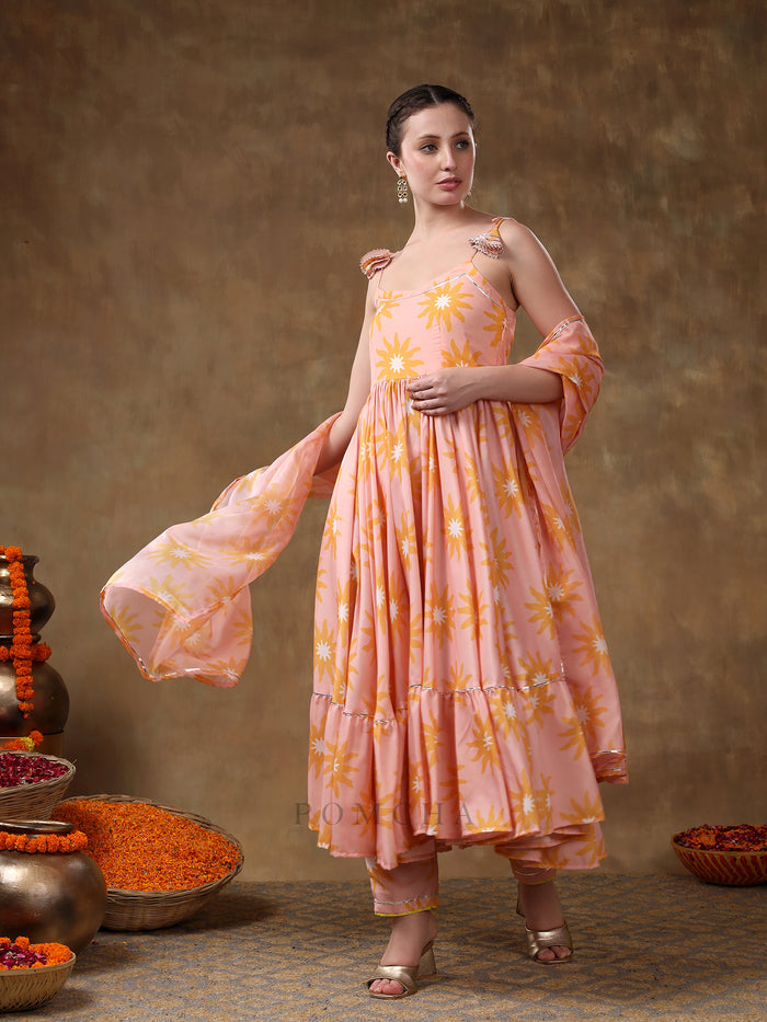 Peach Sunburst Printed Blended Fabric Cami Anarkali Set
