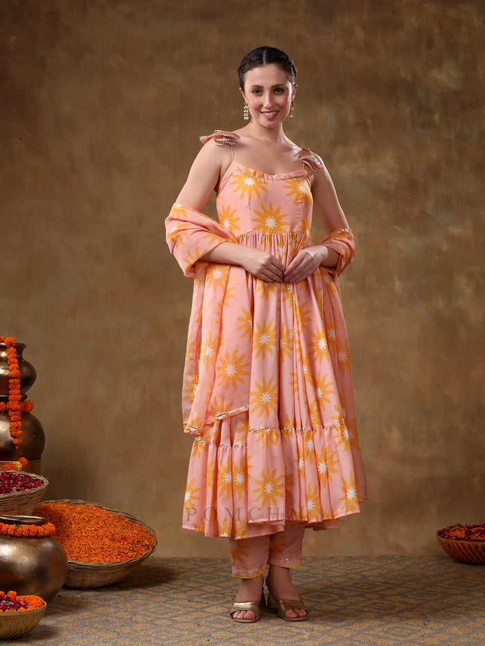 Peach Sunburst Printed Blended Fabric Cami Anarkali Set