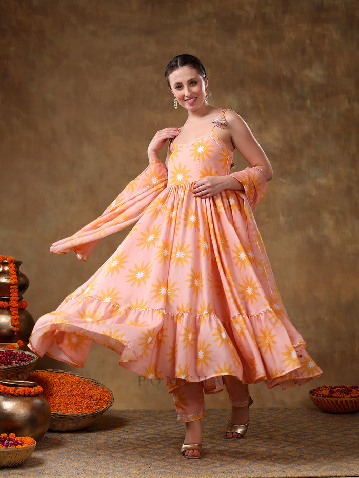Peach Sunburst Printed Blended Fabric Cami Anarkali Set
