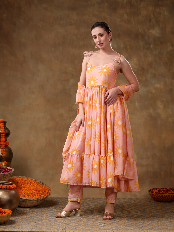 Peach Sunburst Printed Blended Fabric Cami Anarkali Set