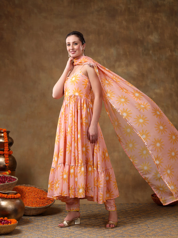 Peach Sunburst Printed Blended Fabric Cami Anarkali Set