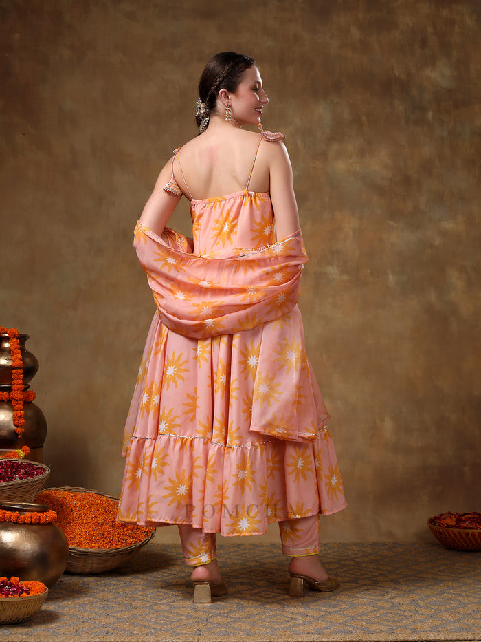 Peach Sunburst Printed Blended Fabric Cami Anarkali Set