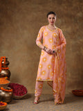 Peach Sunburst Printed Georgette Salwar Set With Yellow Accent Piping