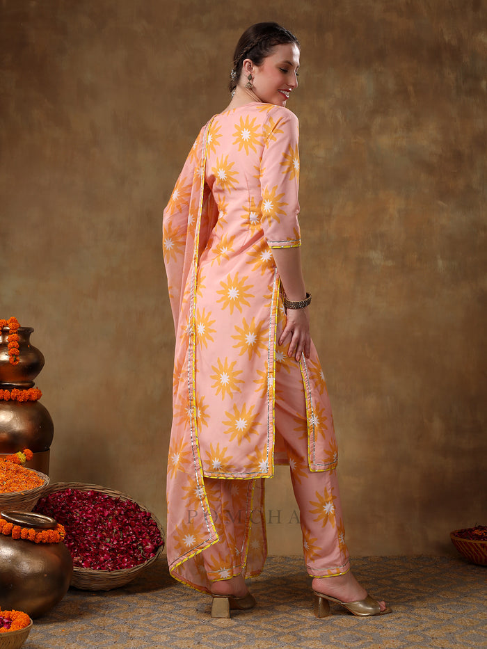 Peach Sunburst Printed Georgette Salwar Set With Yellow Accent Piping