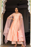 <img> Peach Taffeta Silk Suit Set With Floral Prints