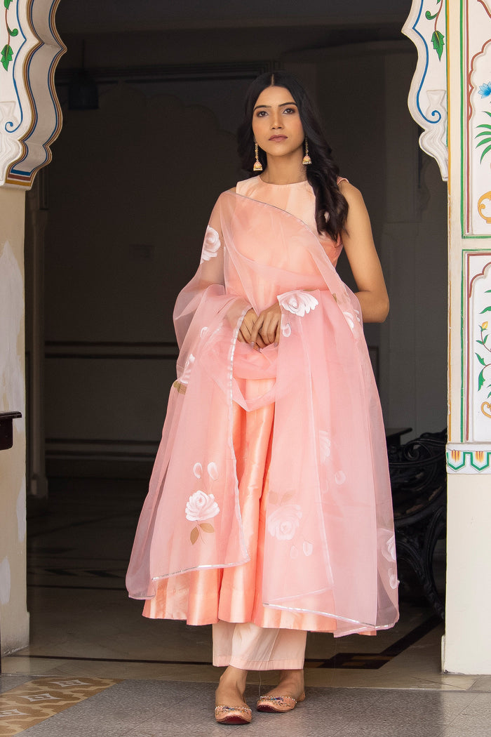 <img> Peach Taffeta Silk Suit Set With Floral Prints
