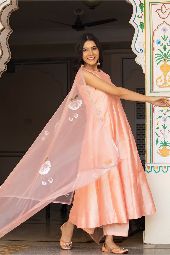 <img> Peach Taffeta Silk Suit Set With Floral Prints