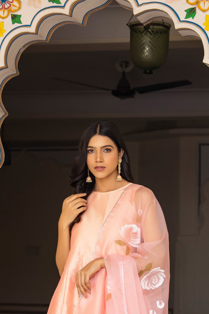 <img> Peach Taffeta Silk Suit Set With Floral Prints