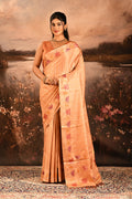 Peach With Embroidered Floral Design And Strips Embroidery Designer Saree