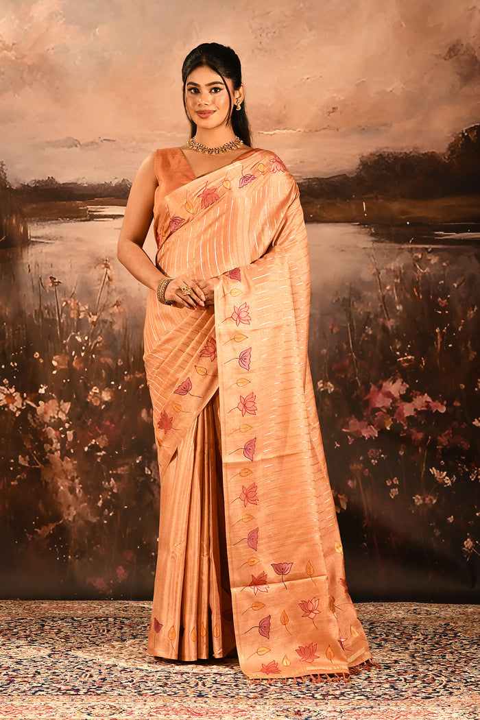 Peach With Embroidered Floral Design And Strips Embroidery Designer Saree