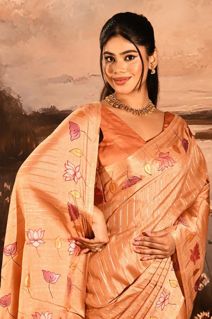Peach With Embroidered Floral Design And Strips Embroidery Designer Saree