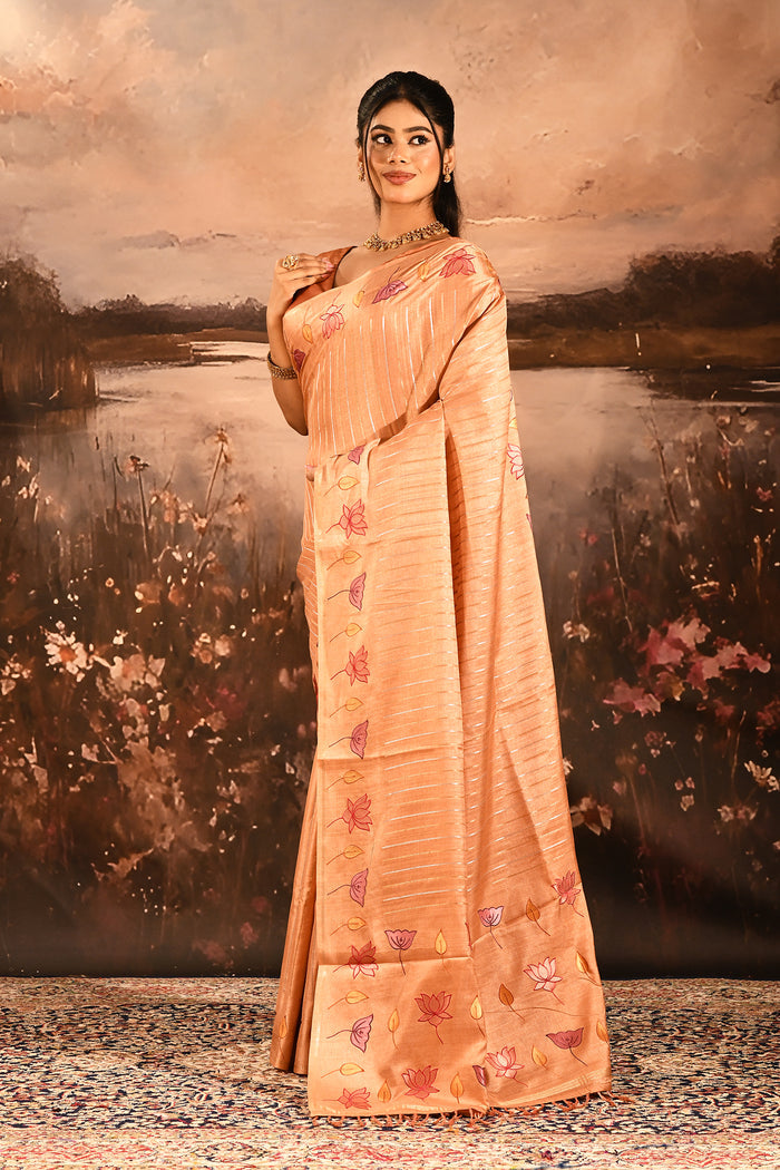 Peach With Embroidered Floral Design And Strips Embroidery Designer Saree